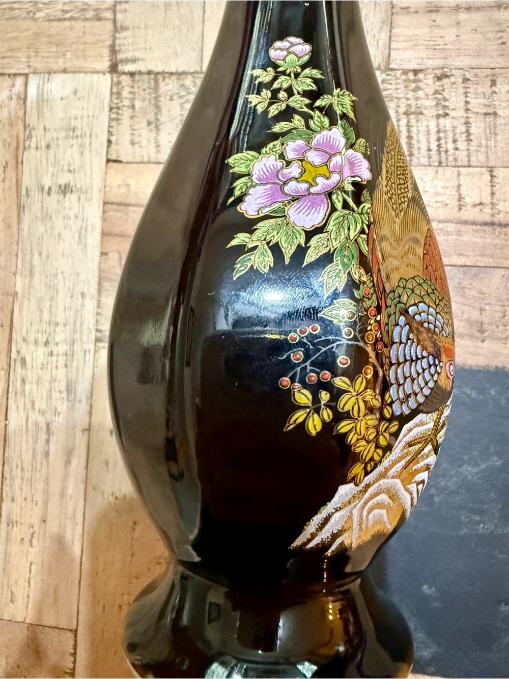 Vintage Japanese Brown Porcelain Vase Gold Gilded Pheasant Floral Design - Picture 9 of 9